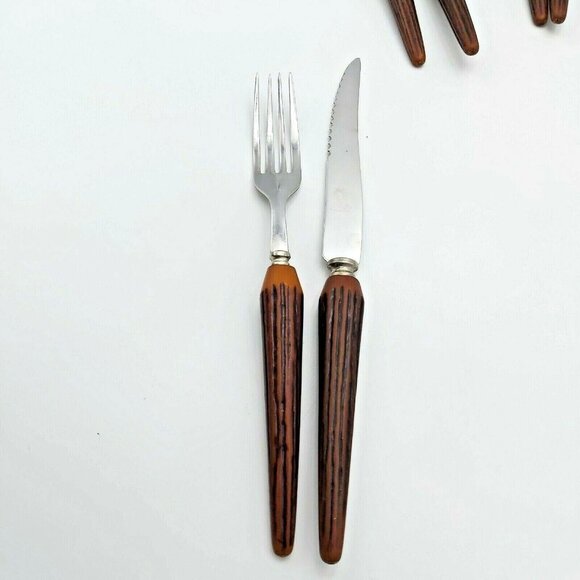 Sheffield SS Cutlery-Faux Stag Bakelite Handles-Set of 6 Knives & Forks-Vintage - Picture 3 of 5
